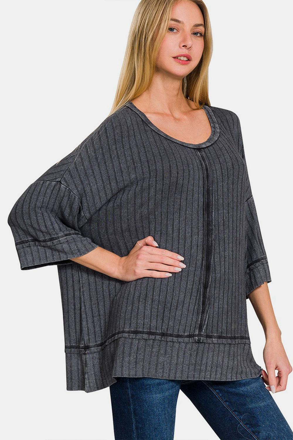 Zenana Washed Ribbed Drop Shoulder Half Sleeve Top Carauana Store