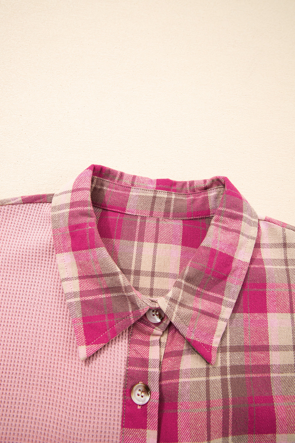 Pink Waffle Patch Pocket Plaid Patchwork Plus Size Shirt