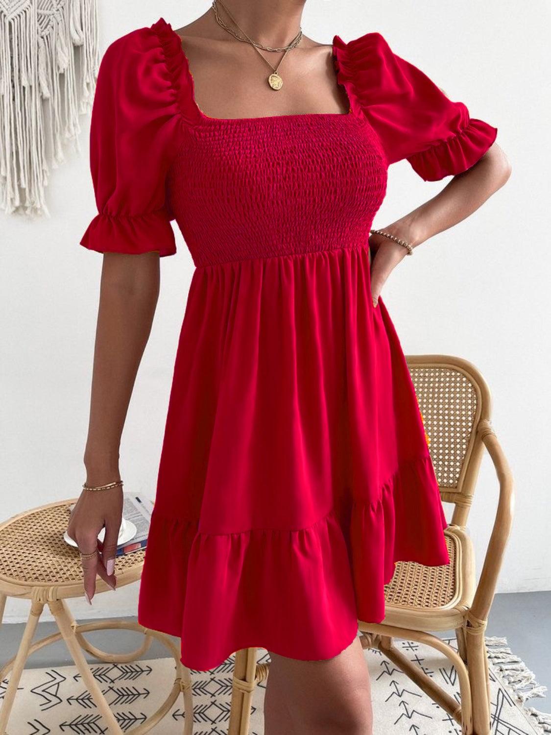 Smocked Square Neck Short Sleeve Dress Carauana Store