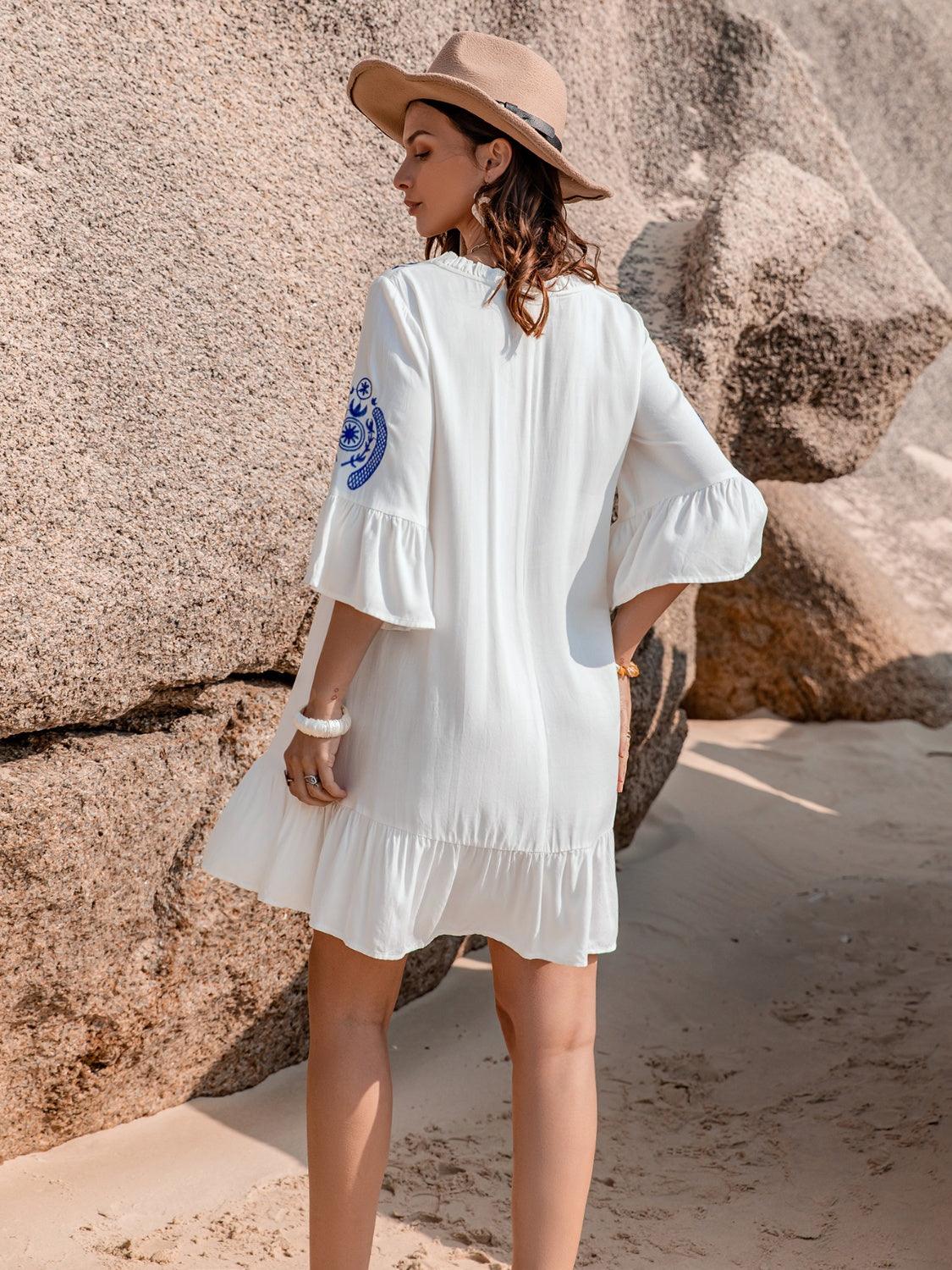 Printed Tie Neck Flounce Sleeve Mini Dress Carauana Store