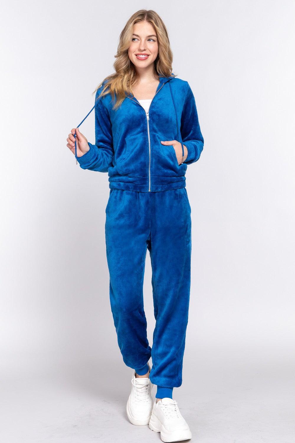 ACTIVE BASIC Faux Fur Zip Up Long Sleeve Hoodie and Joggers Set Carauana Store