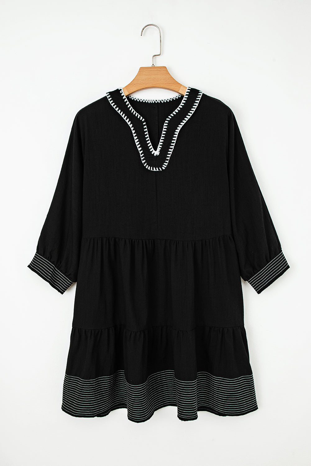 Black Contrast Stitched V Neck 3/4 Sleeve Tiered Mini Dress