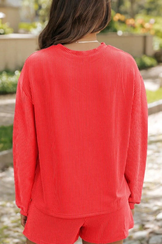 Sequin Heart Round Neck Long Sleeve Top and Shorts Set Carauana Store