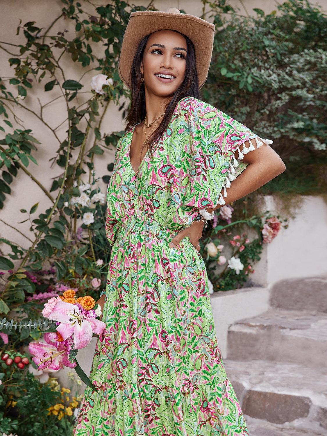Smocked Floral V-Neck Short Sleeve Dress Carauana Store