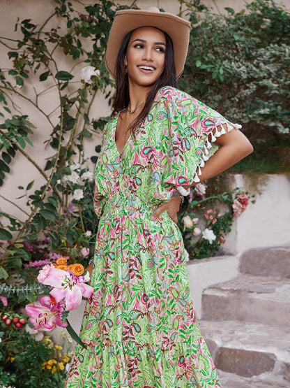 Smocked Floral V-Neck Short Sleeve Dress Carauana Store