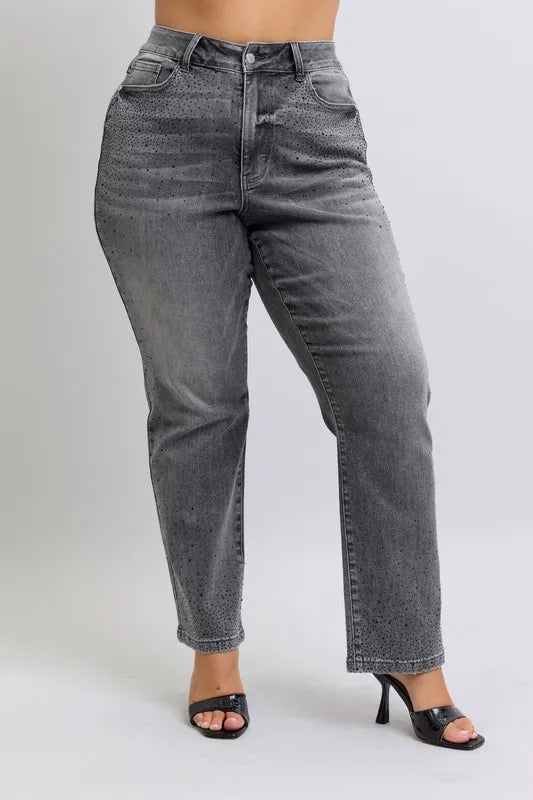 Judy Blue Full Size High Waist Rhinestone Straight Jeans Plus Size Carauana Store