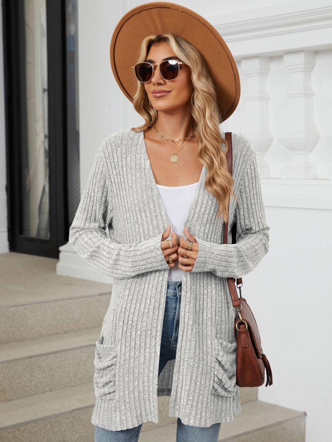 Pocketed Open Front Long Sleeve Cardigan Carauana Store