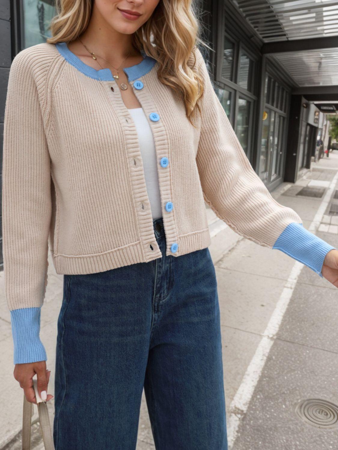 Contrast Button Up Long Sleeve Cardigan Carauana Store