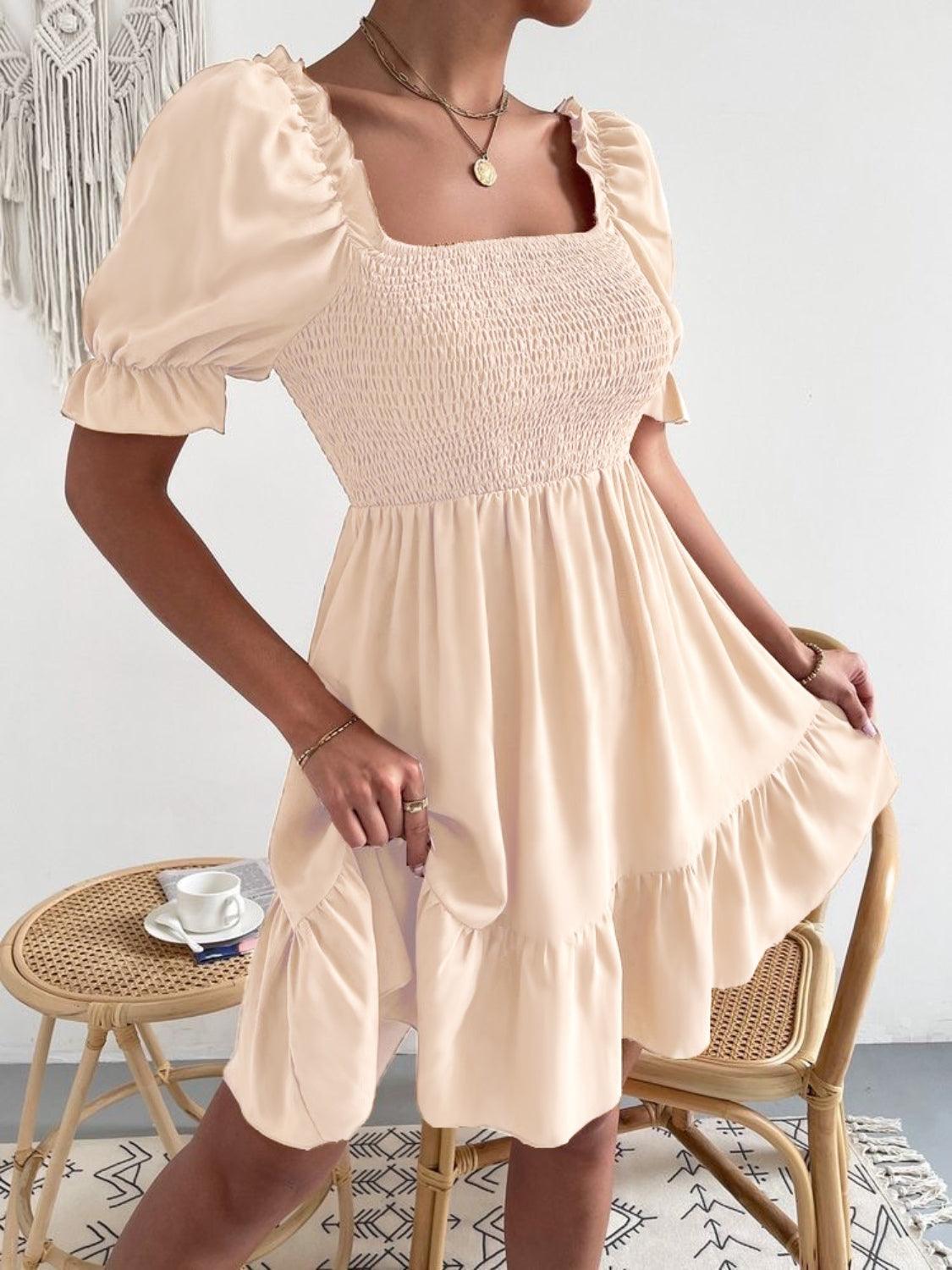 Smocked Square Neck Short Sleeve Dress Carauana Store