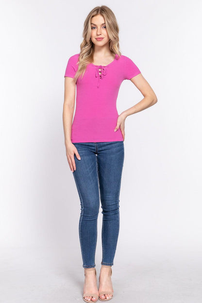ACTIVE BASIC Lace Up Short Sleeve Rib Knit T-Shirt Carauana Store
