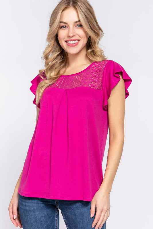 ACTIVE BASIC Ruffle Short Sleeve Lace Detail Knit Top Carauana Store