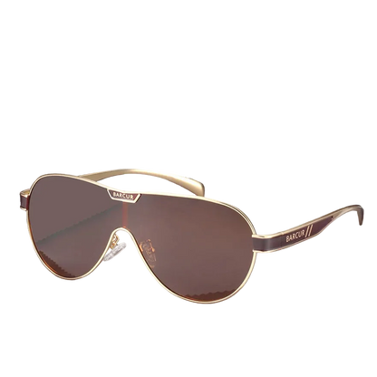 Aviator sunglasses with gold frame and dark brown lenses