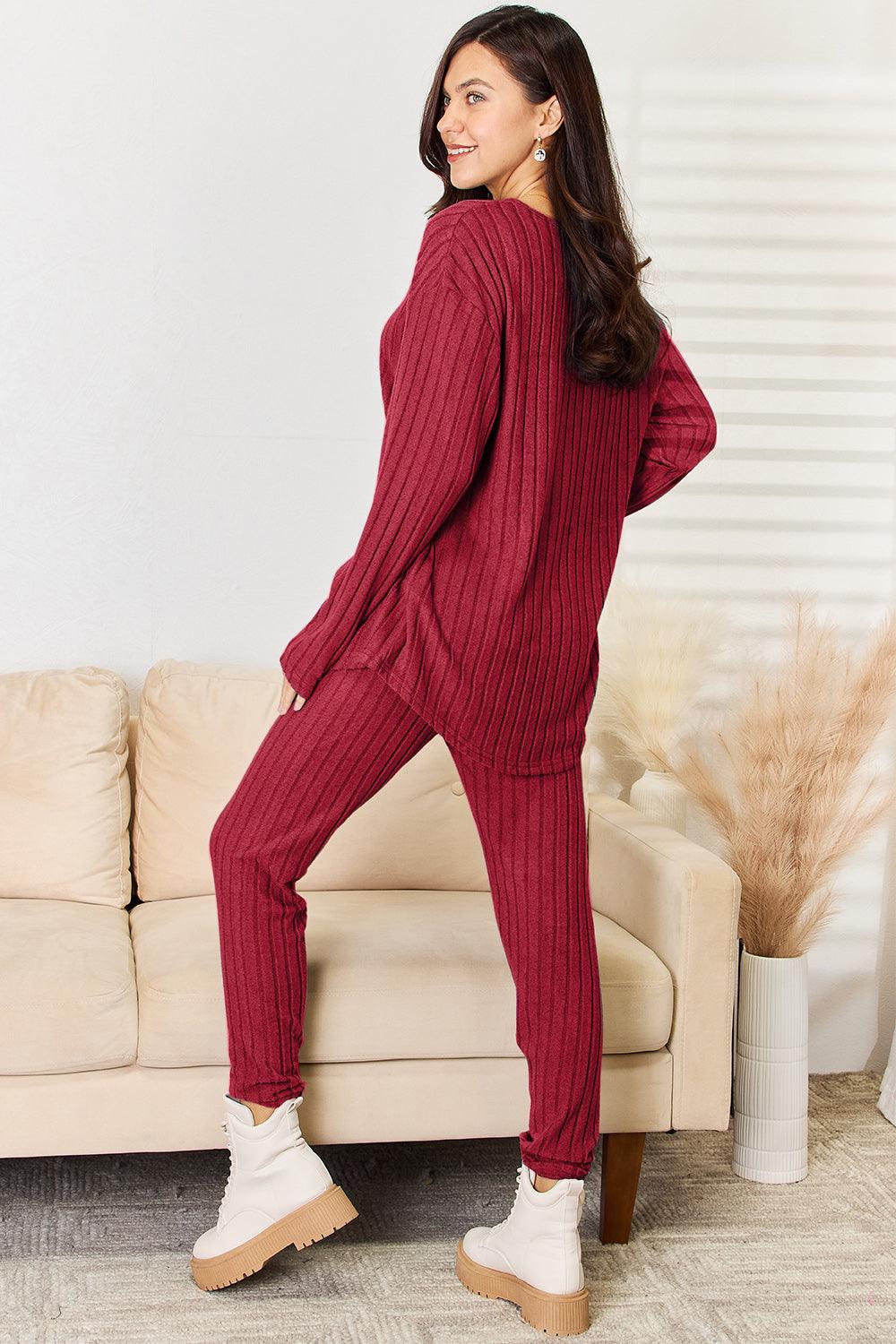 Basic Bae Full Size Notched Long Sleeve Top and Pants Set Carauana Store