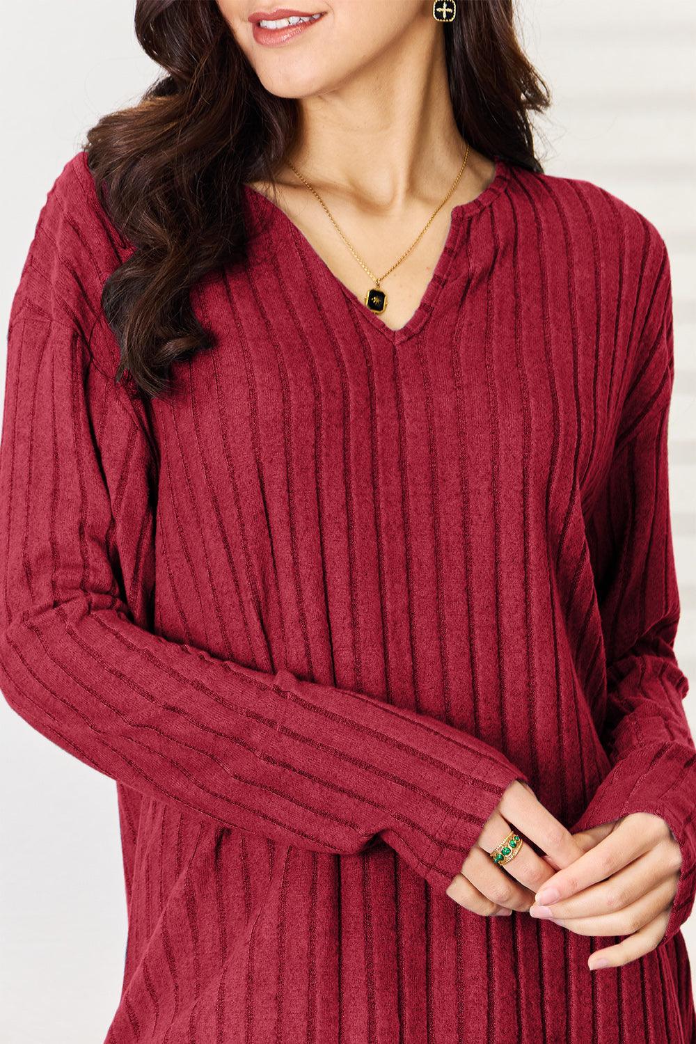 Basic Bae Full Size Notched Long Sleeve Top and Pants Set Carauana Store
