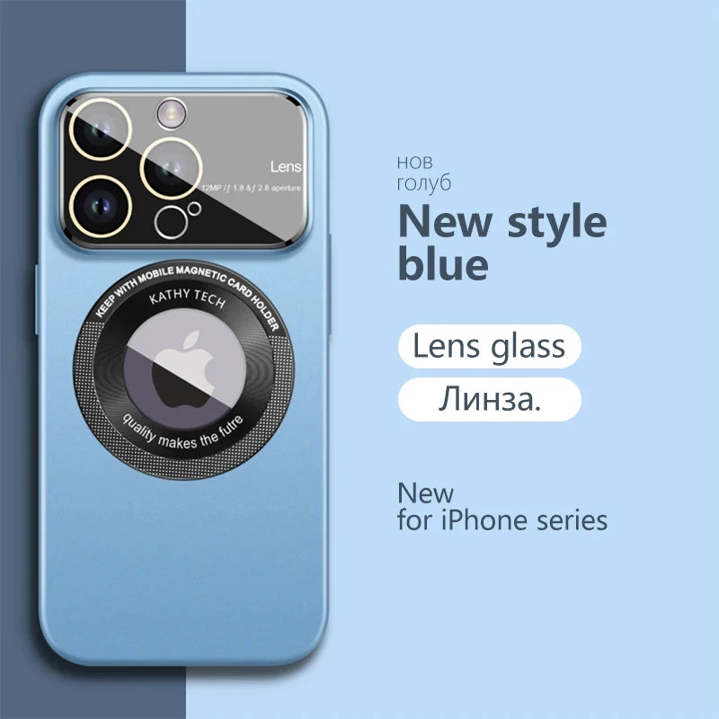 Blue phone case with lens glass and magnetic card holder on a light blue background