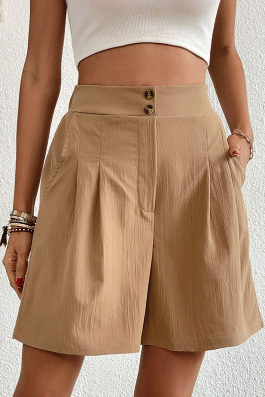 Buttoned Elastic Waist Pleated Detail Shorts Carauana Store