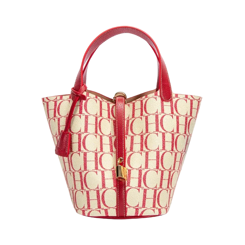 Handbag with red handle and 'CHC' pattern