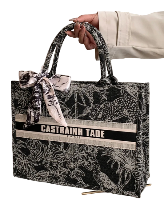 Handbag with floral pattern and visible brand name on a white background