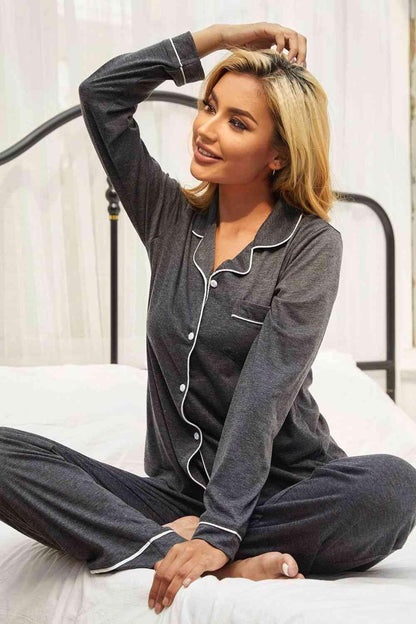 Contrast Piping Button Down Top and Pants Loungewear Set Carauana Store