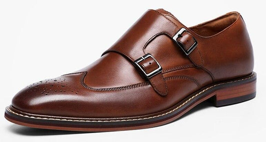 DESAI Monk Strap Slip on Genuine Leather Business Handmade Dress Brogue with Buckle Carauana Store