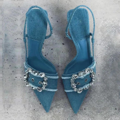 Denim Rhinestone Woman Pumps Wedding Slingback Elegant Shoes Carauana Store