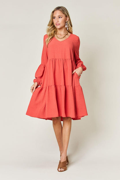 Double Take Full Size V-Neck Balloon Sleeve Tiered Dress Carauana Store