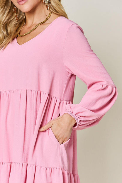 Double Take Full Size V-Neck Balloon Sleeve Tiered Dress Carauana Store