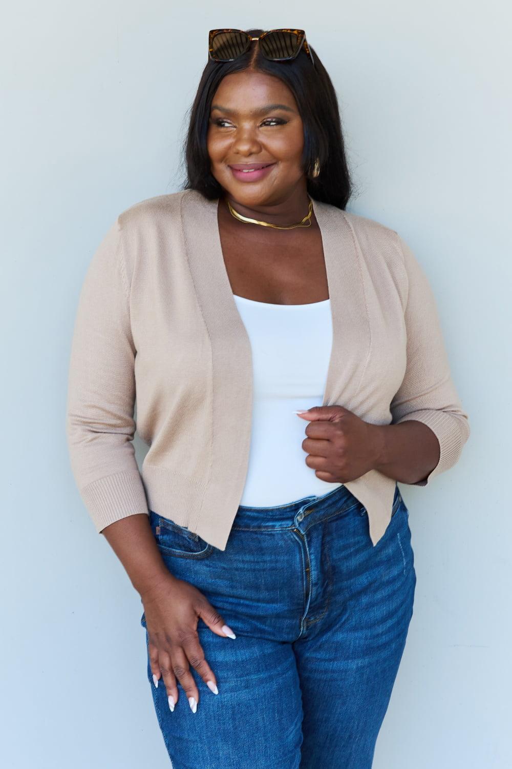 Doublju My Favorite Full Size 3/4 Sleeve Cropped Cardigan in Khaki Carauana Store