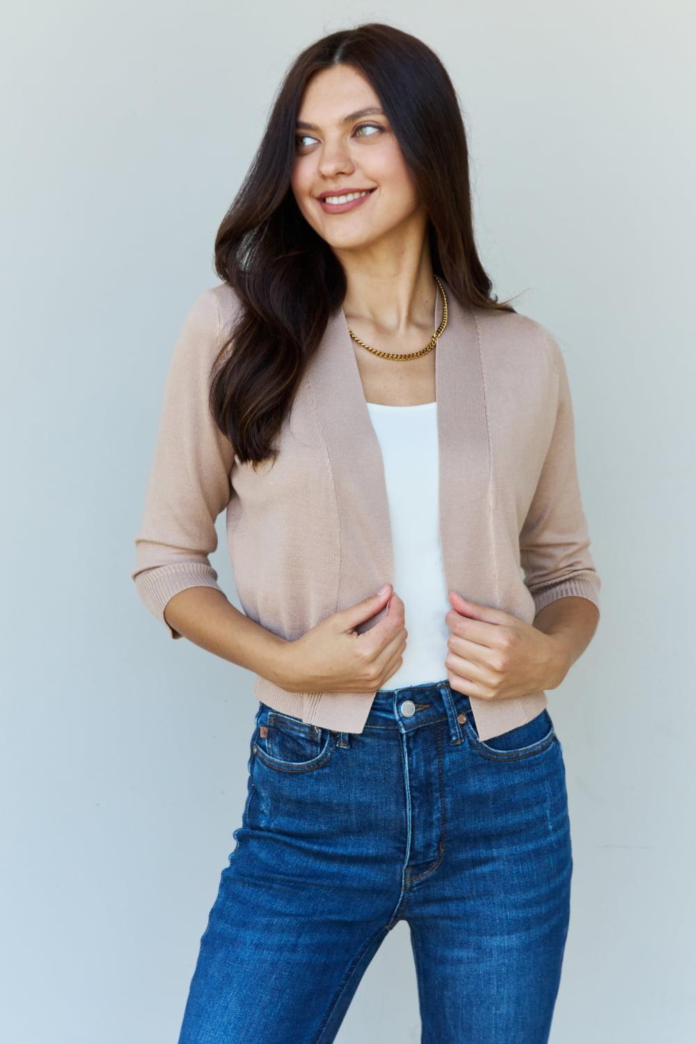 Doublju My Favorite Full Size 3/4 Sleeve Cropped Cardigan in Khaki Carauana Store