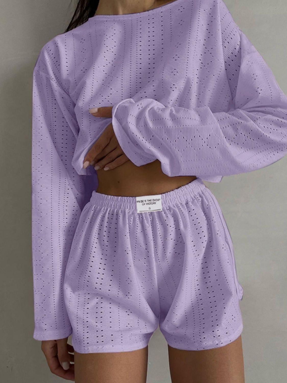 Eyelet Round Neck Top and Shorts Set Carauana Store