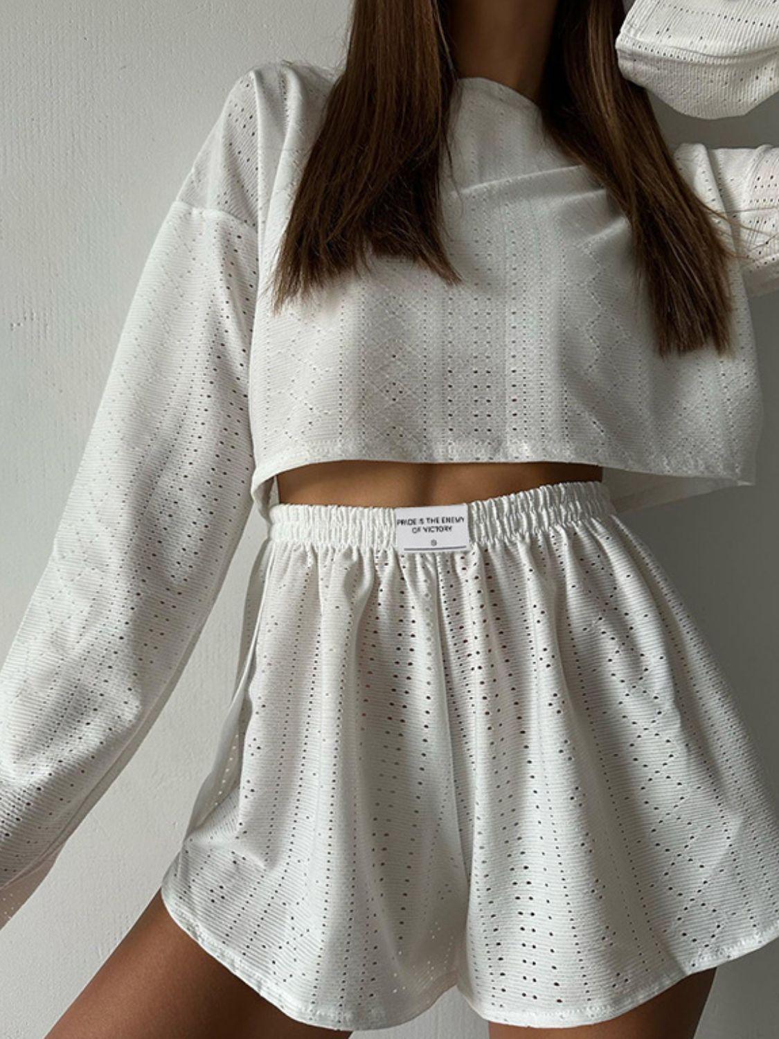 Eyelet Round Neck Top and Shorts Set Carauana Store