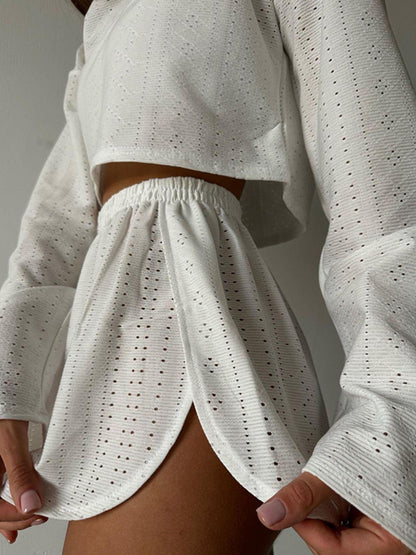 Eyelet Round Neck Top and Shorts Set Carauana Store