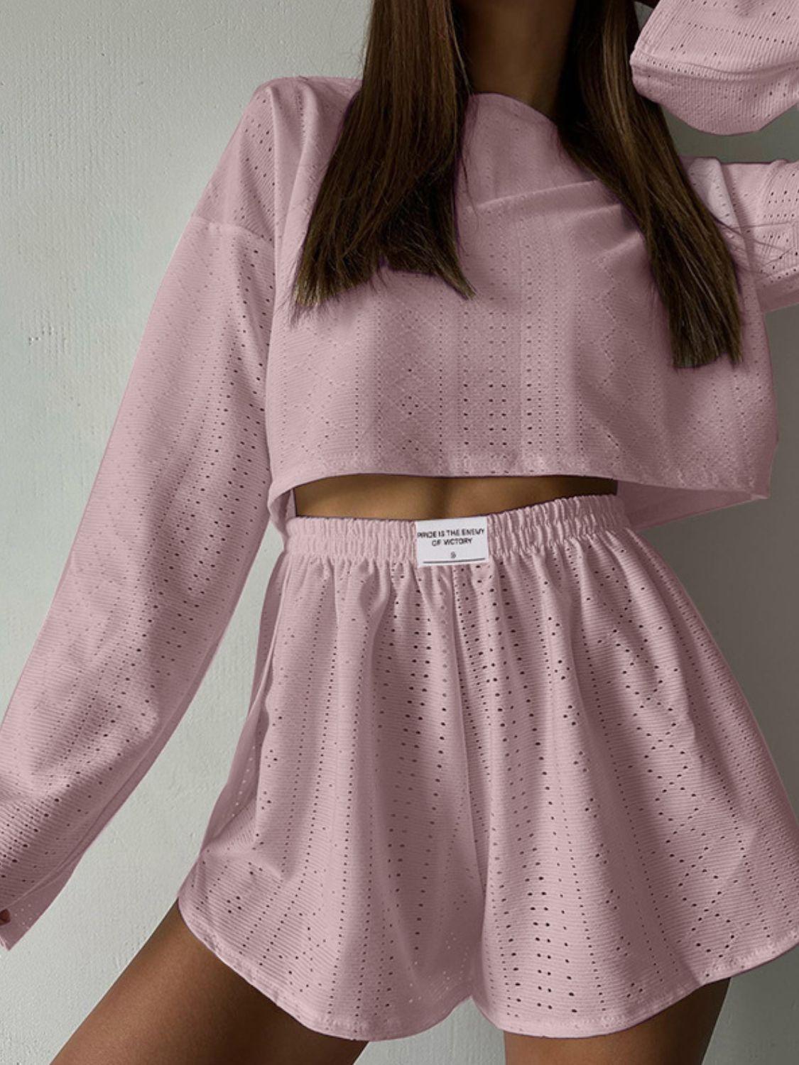 Eyelet Round Neck Top and Shorts Set Carauana Store