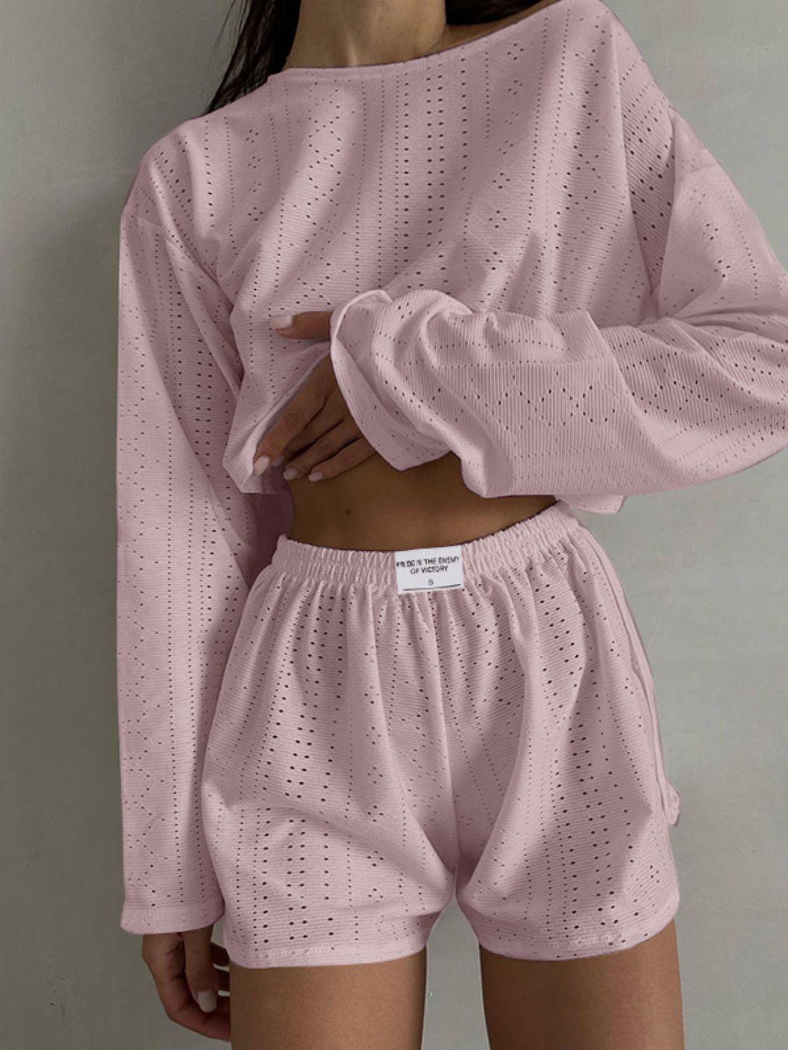Eyelet Round Neck Top and Shorts Set Carauana Store