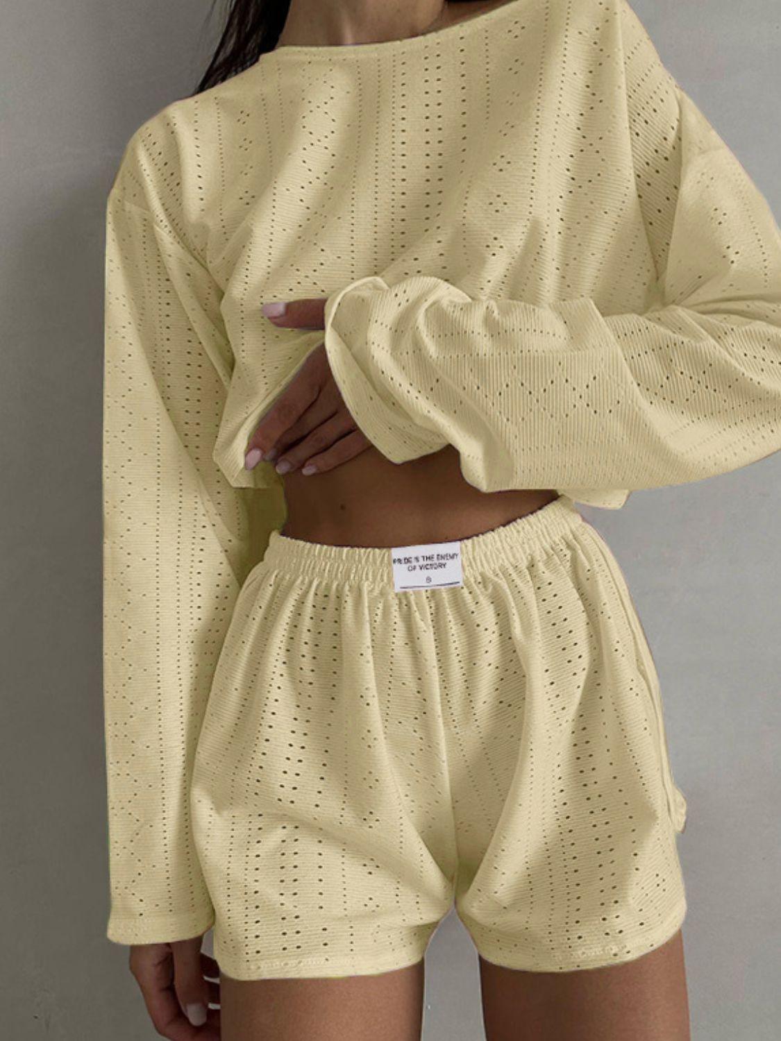 Eyelet Round Neck Top and Shorts Set Carauana Store