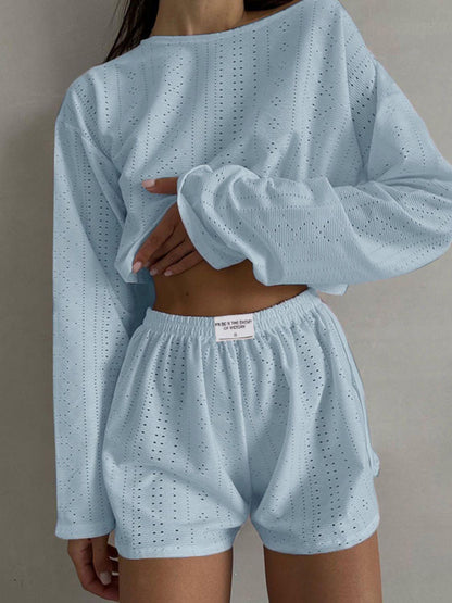 Eyelet Round Neck Top and Shorts Set Carauana Store