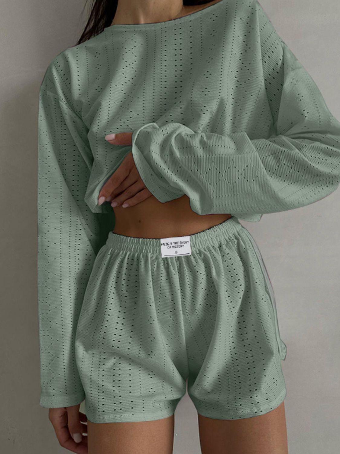 Eyelet Round Neck Top and Shorts Set Carauana Store
