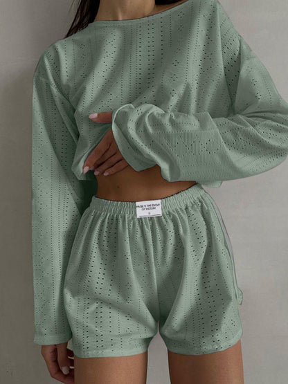 Eyelet Round Neck Top and Shorts Set Carauana Store