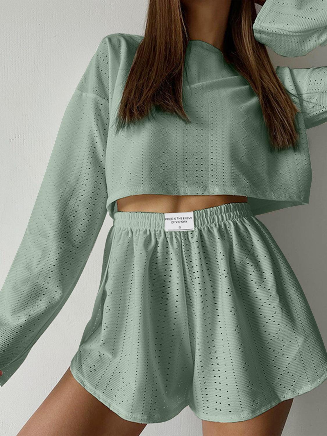 Eyelet Round Neck Top and Shorts Set Carauana Store