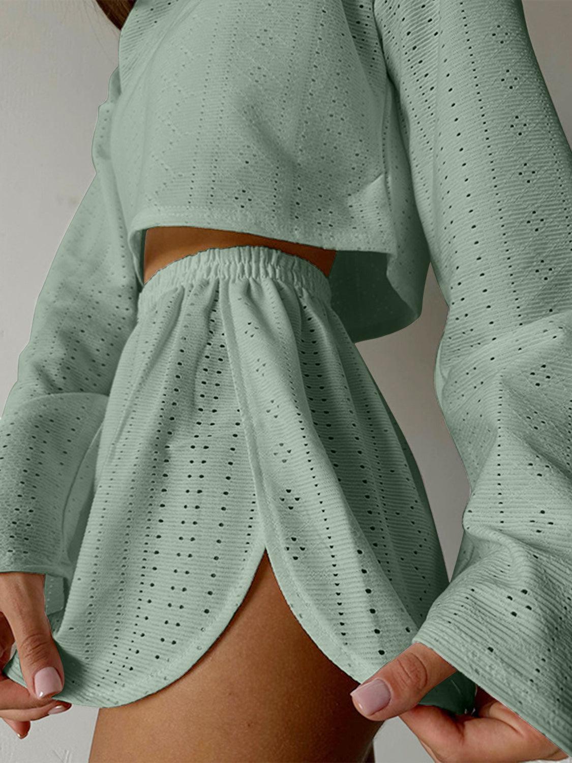 Eyelet Round Neck Top and Shorts Set Carauana Store