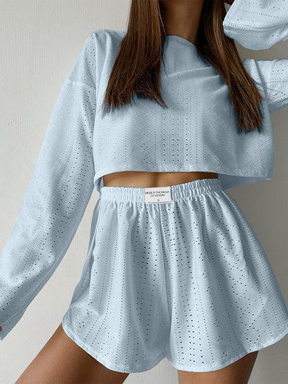 Eyelet Round Neck Top and Shorts Set Carauana Store