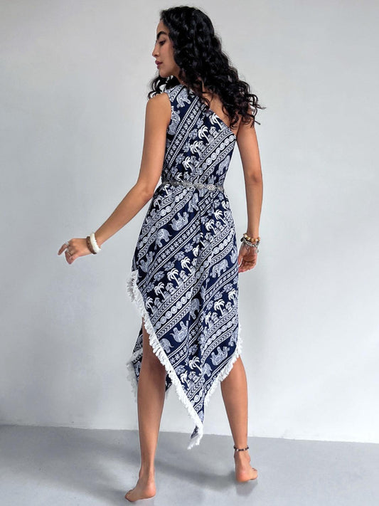 Fringe Printed Single Shoulder Dress Carauana Store