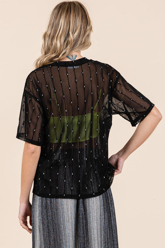 GeeGee Round Neck Drop Shoulder Mesh Glitter Top Carauana Store
