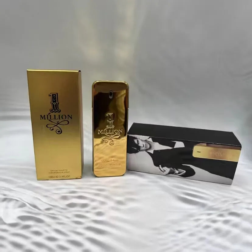 Gold 'Million' perfume bottle and packaging on a white surface