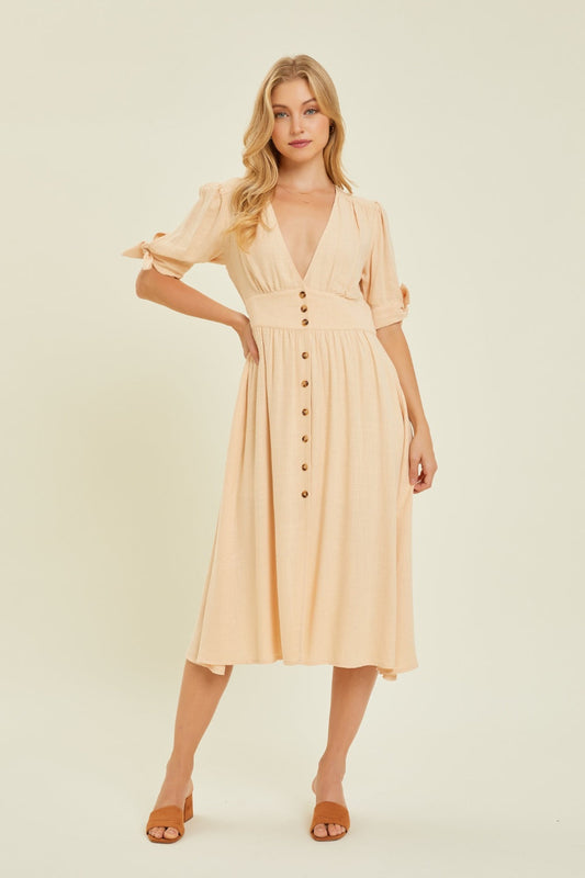 HEYSON Full Size Textured Linen V-Neck Button-Down Midi Dress Carauana Store