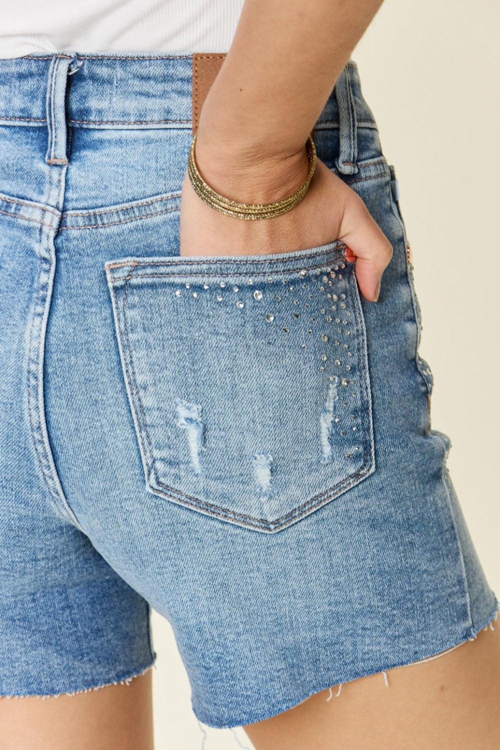 Judy Blue Full Size High Waist Rhinestone Decor Denim Shorts Carauana Store