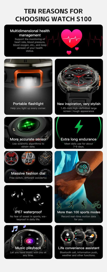 LEMFO Smartwatch With Flash Light 500Lumin S100 Men Women|Your Ultimate Fitness Companion Carauana Store