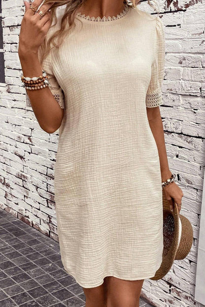 Lace Detail Round Neck Short Sleeve Mini Dress Carauana Store