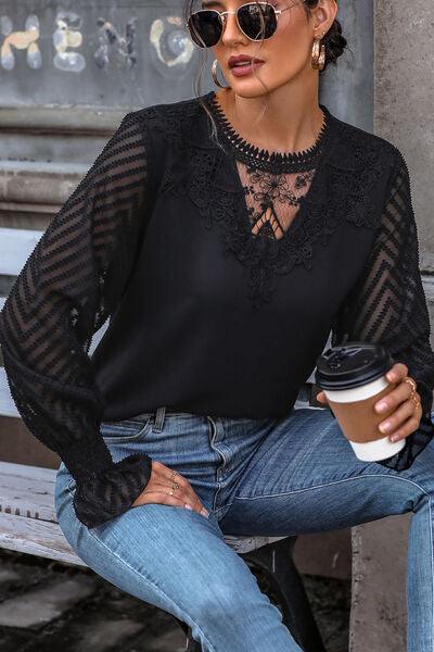 Lace Detail Smocked Flounce Sleeve Blouse Carauana Store