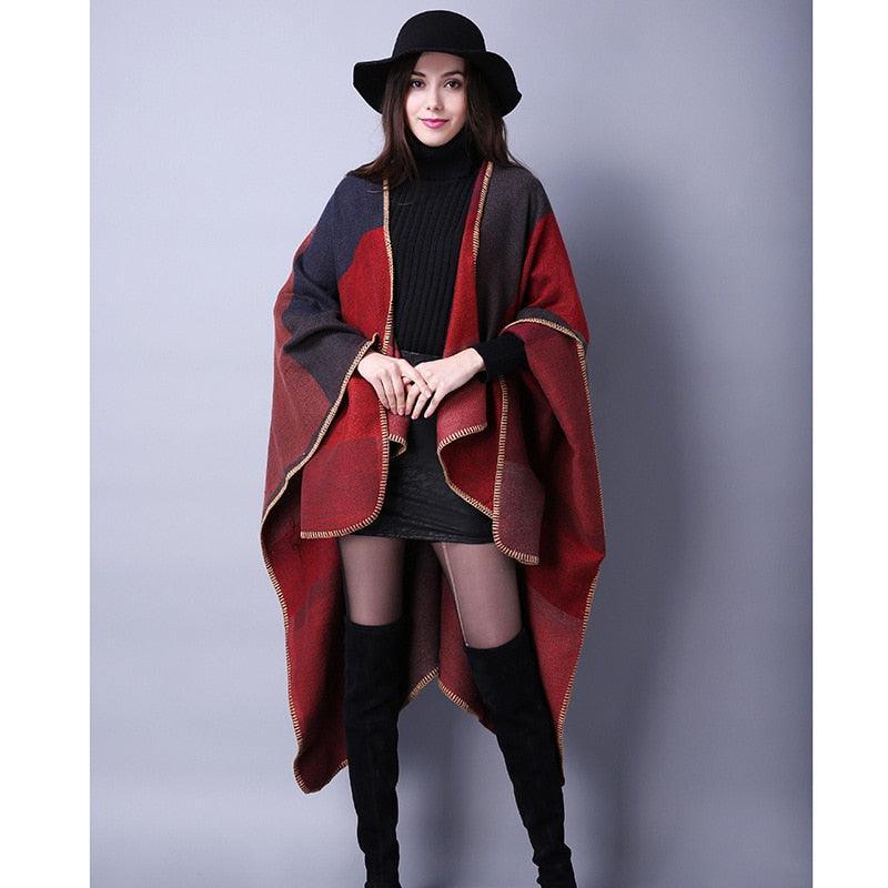 Lattice Women Travel Shawl Imitation Cashmere European National Style Fork Thickened Cloak Ponchos Capes Carauana Store